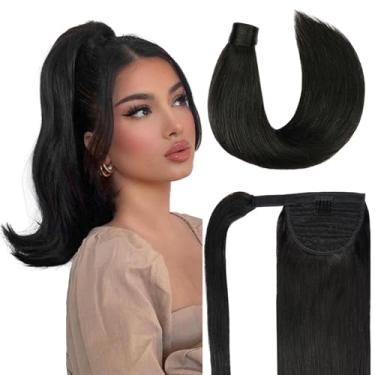 Imagem de FAAAL Extensão de Rabo de Cavalo Cabelo Humano #1B Natural Preto 100% Remy Extensão de Rabo de Cavalo Reta Envoltório Rabo de Cavalo Peça Única Peça para Mulheres 30 cm 65 g