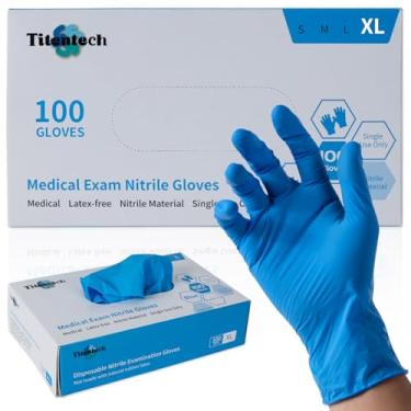 Imagem de Titentech Luvas descartáveis para exames médicos sem pó sem látex elástico azul nitrilo luva segura para alimentos 3,2 mil 100 peças/caixa, pequena para laboratório, odontologia