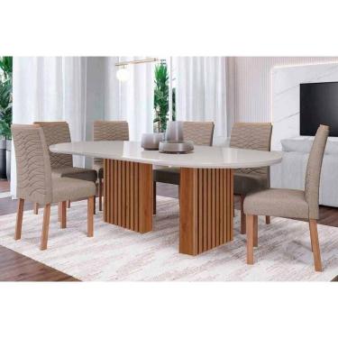 Imagem de Mesa Cozinha Ester Tampo Madeirado Oval c/ Vidro 210x100cm e 6 Cadeiras Clarice Cinamomo/Off White - Madeirado/Suede Jo-Cimol