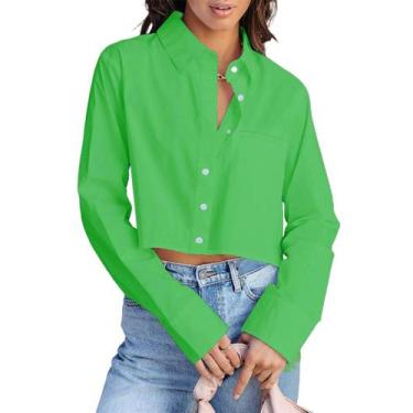 Imagem de Blusa curta com botões e manga comprida de primavera para mulheres - B