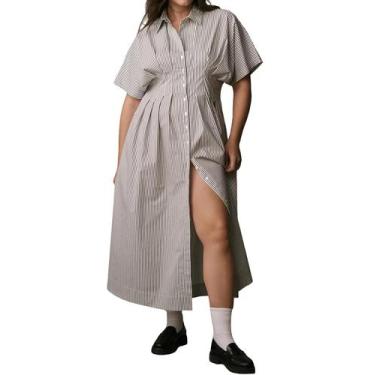 Imagem de Vestido maxi JEIBKOUY listrado com botões frontais e decote em V cinza