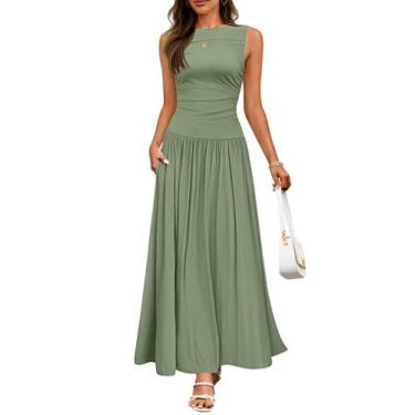 Imagem de Vestido longo ZESICA 2025 sem mangas, gola redonda, plissado, verde