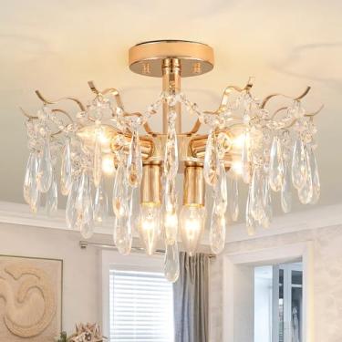 Imagem de MhyTogn Luminária de teto de 43 cm com montagem semi embutida cristais K9 clássico 6 luzes lustre de latão moderno luminárias de teto para quarto, sala de estar, sala de jantar, cozinha, corredor