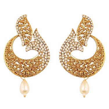 Imagem de Touchstone Brincos de lustre longos de designer indiano de bollywood em tom dourado antigo para mulheres., Strass, Sem pedra preciosa