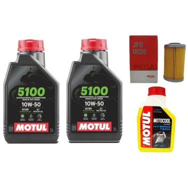 Imagem de TROCA ÓLEO 2L MOTUL 5100 10W50 4T SEMI-SINTÉTICO + 1 filtro JFO0026 WEGA + 1 ADITIVO MOTUL MOTOCOOL BAJAJ DOMINAR 400