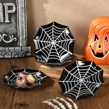 Imagem de FillTouch 4 peças, pratos de cerâmica de Halloween, 14 cm, pratos de doces, teia de aranha, bandeja de sobremesa preta para lanches, biscoitos, guloseimas, suprimentos de festa de Halloween