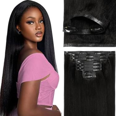 Imagem de Loxxy Clipe liso Yaki sem costura em cabelo humano, preto azeite leve e aparência natural, design sem costura Yaki Clip Ins para mulheres negras, tramas de poliuretano ultrafinas 35,5 cm 8 peças 115 g