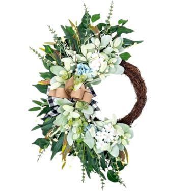 Imagem de Guirlandas de porta da frente para todas as estações ao ar livre, guirlanda de meia lua verde artificial com laço de eucalipto de orelha de cordeiro, decoração de varanda de fazenda primavera verão