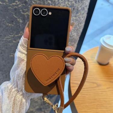 Imagem de Capa de celular com alça de pulso e suporte de coração para Samsung Z Flip6 ZFlip5 ZFlip4 3 capas de luxo, marrom claro, para Samsung Z Flip 6