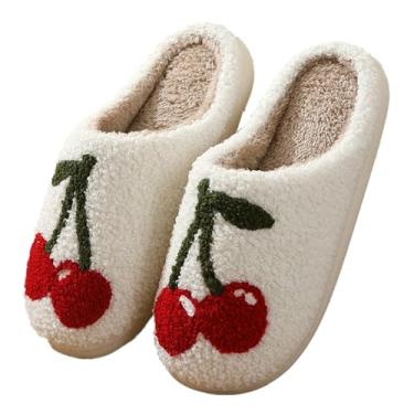 Imagem de Pantufas femininas fofas unissex de lã felpuda espuma viscoelástica sem cadarço, aconchegante, macio, para casal, sapatos de casa com bico fechado, sandálias para quarto, Cereja, 7.5-8 Women/5.5-6.5