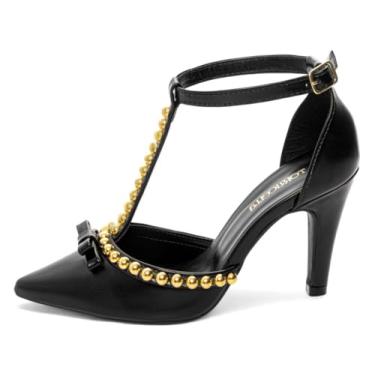 Imagem de Sapato Scarpin Salto Alto Bico Fino 9cm Feminino Pérolas Douradas (Preto, BR, Adulto, Numérico, 35)