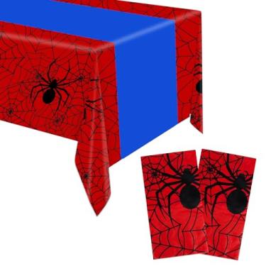 Imagem de 2 Toalhas Mesa Aranha, 2,74 x 1,37m Toalha Mesa Aniversário Aranha Impermeável Capas Vermelhas e Azuis Material Decoração de Festas para Aniversário de Homens e Mulheres