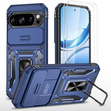 Imagem de Capa para Google Pixel 10/10 Pro com capa de câmera deslizante + protetor de tela (2 pacotes), anel giratório com suporte de grau militar, capa protetora à prova de choque (azul escuro)