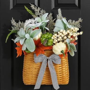 Imagem de Dingion Cesto de outono para porta da frente de abóboras para pendurar no outono, guirlanda com folhas artificiais de eucalipto, abóboras, bagas, bordo, folha, fazenda, decoração de colheita para