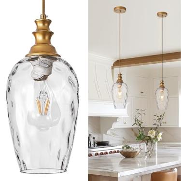 Imagem de AIBISOD Luminárias Pendentes Para Ilha De Cozinha, Douradas, Suspensas, Abajur Vidro Transparente Com Ondulações Água, Sala Estar E Jantar, Estilo Fazenda