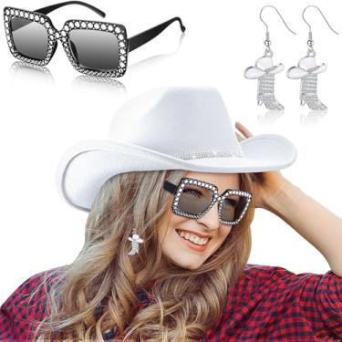 Imagem de Hercicy 3 peças de chapéu de cowboy prata com glitter, strass, botas ocidentais, brincos de óculos de sol brilhantes para festa de vaqueira ocidental (branco)