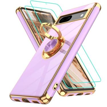 Imagem de Gritup Capa para Google Pixel 7A | 2 peças protetoras de tela | Suporte magnético de rotação de 360° | Revestimento dourado macio TPU protetor básico para Pixel 7A roxo claro