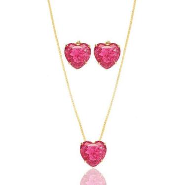 Imagem de Conjunto Colar Brinco Coração Pink Folheado - Milena Joias