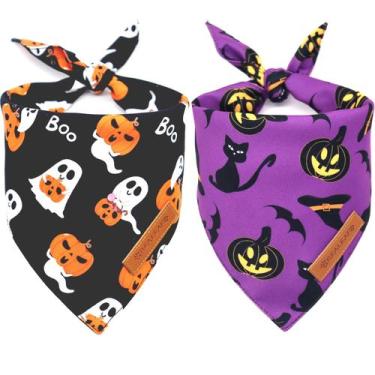 Imagem de Bandanas para cães Realeaf Halloween, pacote com 2 lenços de abóbora e