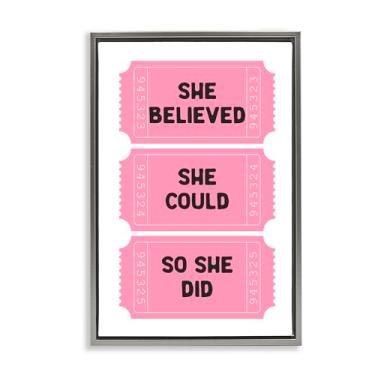 Imagem de Stupell Industries She Believed Girl Power Tickets Tela flutuante emoldurada cinza arte de parede, design por Lettered and Lined, 25 x 17