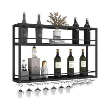 Imagem de Rack de vinho industrial montado na parede, prateleira de garrafa de vinho de madeira de 2 camadas com suporte para taças, rack de vidro de vinho preto, rack de exibição multifuncional para