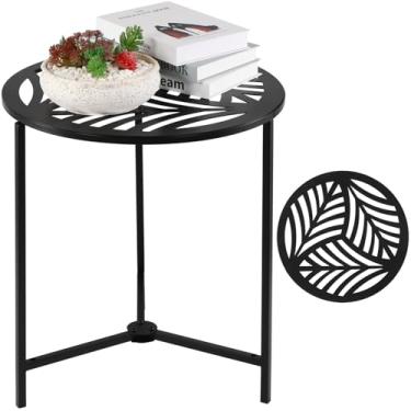 Imagem de Party Zealot Mesas laterais externas de metal extra grande de 2 andares, pequena, preta, para pátio, detalhes redondos, suporte de canto de jardim para espaços pequenos, 45 cm P x 49,5 cm A