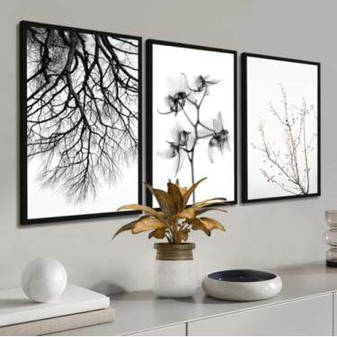 Imagem de Kit 3 Quadros Decorativos Flores Folhagem Preto e Branco Natureza Moderno Com Moldura