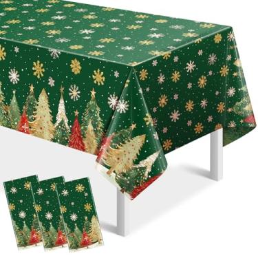 Imagem de YIDAKO 3 peças de toalhas de mesa descartáveis de Natal, retangulares, árvores de Natal, toalha de mesa de plástico verde, capa de mesa impermeável de flocos de neve de inverno para decorações de