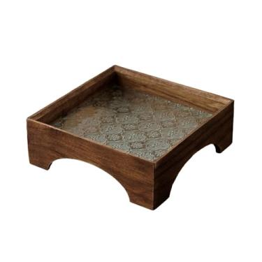 Imagem de Fenteer Bandeja de servir de madeira e vidro com, bandeja de armazenamento para banheiro, organizador de mesa para frutas secas, sala de estar, 20 Cm X 20 Cm