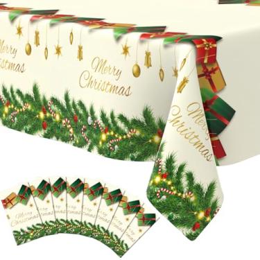 Imagem de 8 peças de toalhas de mesa de plástico de Natal (137 x 272 cm) retangulares descartáveis brancas e verdes para festas de Natal, decoração de jantar e piquenique