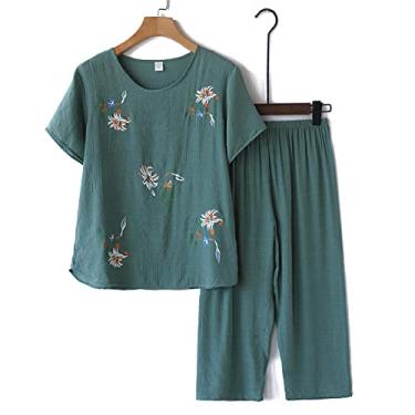 Imagem de ifgswopq Conjunto de pijama feminino novo floral camisa calça pijama terno senhora casual roupa de dormir tamanho grande (2X)