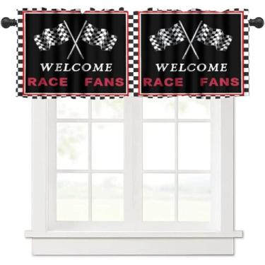 Imagem de Cortinas, bailes de corrida, faixa quadriculada, preto e branco, bandeira quadriculada, padrão de ventiladores, cortinas de tratamento de janela, cortinas curtas, bolso de varão, drapeado para sala de