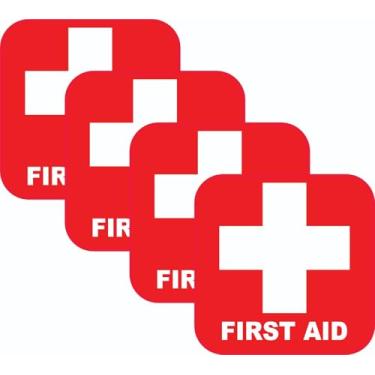 Imagem de Adesivo vermelho de primeiros socorros (pacote com 4) adesivos autoadesivos de primeiros socorros de 8,88 cm x 9 cm para caixa de primeiros socorros, resistente à água, adesivos de cruz vermelha para