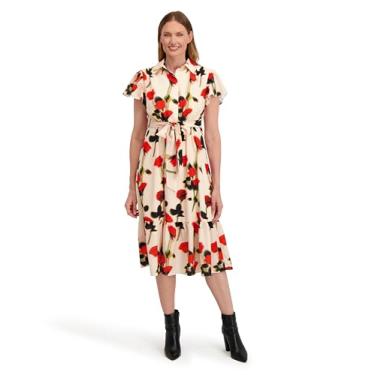 Imagem de Laundry by Shelli Segal Vestido maxi feminino Kate com manga esvoaçante com botão e cinto, Combo Buttercream, 38