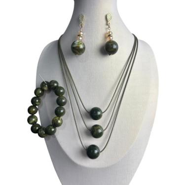 Imagem de Kit Maxi Colar Com Pulseira e Brincos Pingente Quadrado Resina Elegant