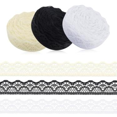 Imagem de 3 rolos no total 32,7 jardas 1,4 cm × 10,9 jardas rolo de fita de renda acabamento floral pacote de presente fita de algodão para artesanato decoração de casamento nupcial, artesanato de costura DIY