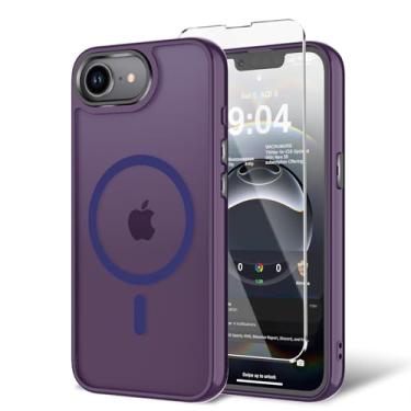 Imagem de BPOASE Capa para iPhone 16E com protetor de tela, [compatível com Magsafe] Capa de telefone ultrafina translúcida fosca à prova de choque - roxo escuro