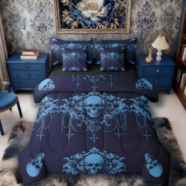 Imagem de Erosebridal Conjunto de edredom gótico de 7 peças, solteiro, com caveira de açúcar gótico, azul petróleo, damasco, vintage, floral, vintage, decoração barroca vitoriana