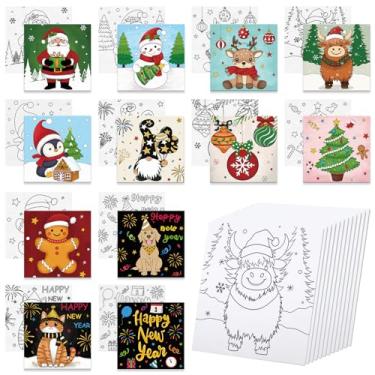 Imagem de Anseal 12 pacotes de tela pré-desenhada para pintar, 10 x 10 cm, Feliz Natal, Feliz Ano Novo, pintura em tela pré-impressa, para crianças, quadros de pintura de contorno esticado para iniciantes