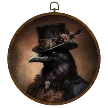 Imagem de KLYTINK Decoração de parede redonda de corvo gótico emoldurado 25 x 25 cm, arte de parede em tela vintage de corvo escuro, decoração de parede estética para decoração de porta de quarto e sala de