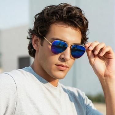 Imagem de Óculos de sol aviador clássicos, proteção polarizada, espelhada, para homens e mulheres, estilo vintage, proteção UV, armação prateada, Azul