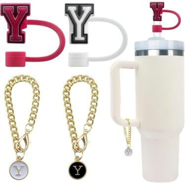 Imagem de 4 peças de acessório de garrafa de água com letras fofas compatíveis com copos Stanley, tampa de cobertura de canudo à prova de poeira de silicone, pingente de chaveiro de copo personalizado