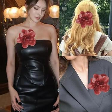 Imagem de Broche de flor grande para mulheres - broches e alfinetes florais - Broche de lapela de tecido vermelho - Acessórios de cabelo para vestidos e ternos de convidados de casamento