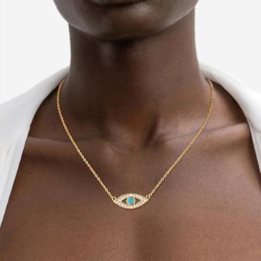 Imagem de Colar feminino delicado com olho turco banhado a ouro 14 K, colar de zircão cúbico simples, minimalista, delicado, feito à mão, joia moderna, Medium, Latão, Sem Pedra Preciosa