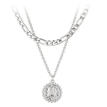 Imagem de 2 unidades modernas de colar de corrente em camadas de ouro para mulheres, banhado a ouro 14K delicado Fígaro, colar personalizado com pingente de sol, joia para presente de aniversário, Medium, Latão