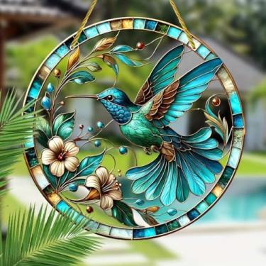 Imagem de Apanhador solar de acrílico colorido, beija-flor e flores, decoração de janela suspensa de 18 cm com design de vitral impresso, apanhador de sol, ideia de presente e ornamento de jardim, uso interno e