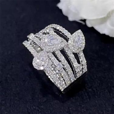 Imagem de Lindos anéis de zircônia multicamadas para mulheres, acessórios modernos de cor prata para noivado, 9, Latão, Zircônia cúbica