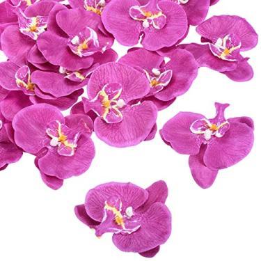 Imagem de 9 cm/3,5" cabeças de orquídeas artificiais, pacote com 20 cabeças de orquídea borboleta falsas de seda Phalaenopsis para decoração de buquê floral de casamento, faça você mesmo, roxo escuro