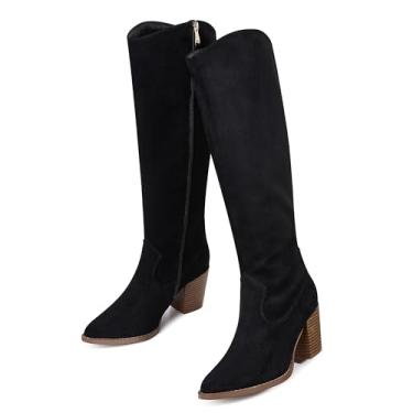 Imagem de MeiLuSi Botas femininas cano alto bico fino camurça salto grosso falso slouchy sapatos altos outono 2025 zíper lateral, Camurça preta, 36