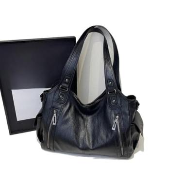 Imagem de Bolsa feminina de couro sintético macio de grande capacidade, bolsa de mão moderna com bolso com zíper, marrom café preto, Preto